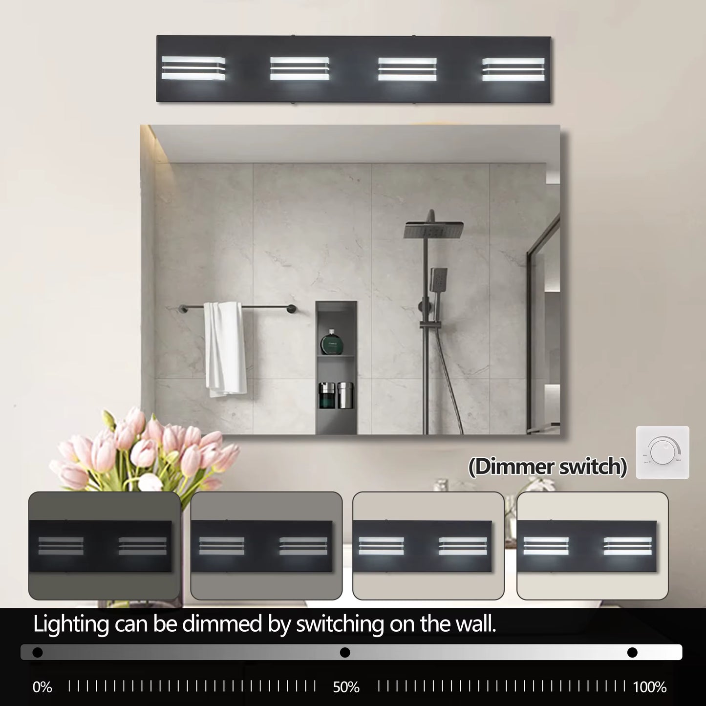 Black Bathroom Vanity LED Lighting Fixtures - 4-Light Acrylic and Metal Wall Sconces