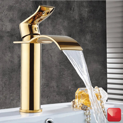 Gold and White Brass Basin Faucet with Waterfall Design - Hot and Cold Mixer Tap for Bathroom Sinks