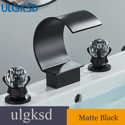 Set of 3 Golden Widespread Bathroom Basin Faucets with Crystal Handles - Hot and Cold Water Mixer Tap Waterfall Design