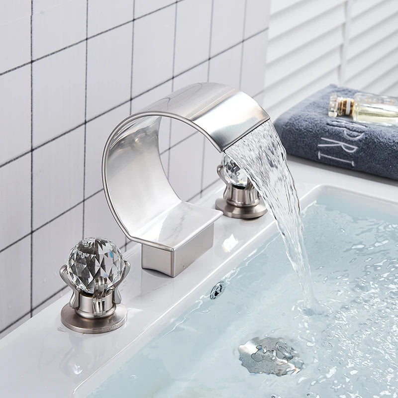 Set of 3 Golden Widespread Bathroom Basin Faucets with Crystal Handles - Hot and Cold Water Mixer Tap Waterfall Design
