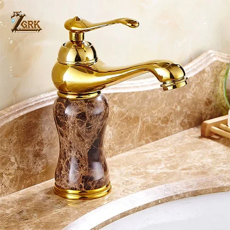 Luxury Gold Finish Bathroom Sink Faucet with Coffee Color Marble, Hot and Cold Water Mixer, Deck Mounted Design