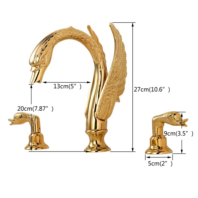 Solid Copper Gold Finish Luxury Bathroom Faucet - Swan Shape Dual Handle Deck Mount Tap