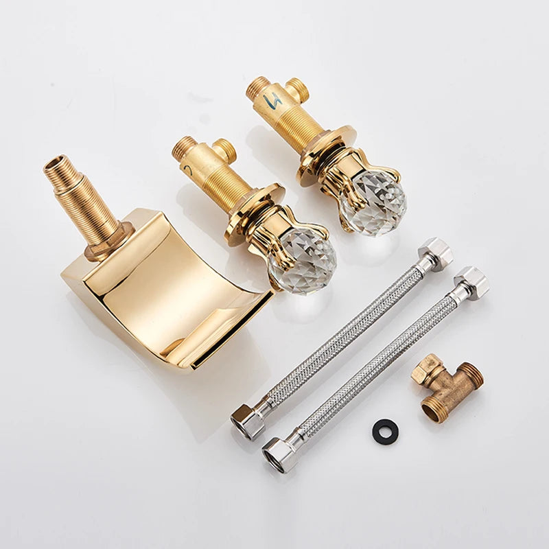 Set of 3 Golden Widespread Bathroom Basin Faucets with Crystal Handles - Hot and Cold Water Mixer Tap Waterfall Design