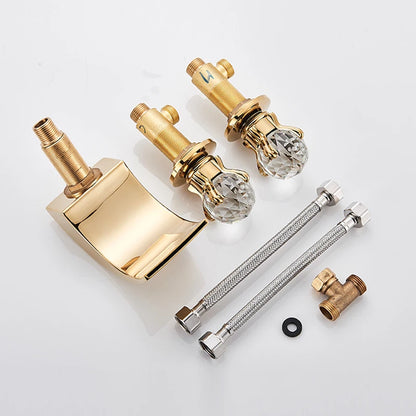 Set of 3 Golden Widespread Bathroom Basin Faucets with Crystal Handles - Hot and Cold Water Mixer Tap Waterfall Design