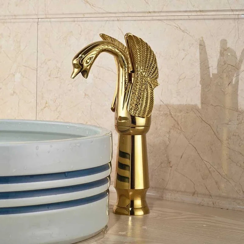 Solid Copper Gold Finish Luxury Bathroom Faucet - Swan Shape Dual Handle Deck Mount Tap