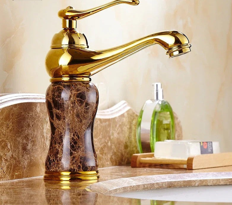 Luxury Gold Finish Bathroom Sink Faucet with Coffee Color Marble, Hot and Cold Water Mixer, Deck Mounted Design