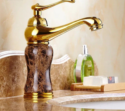 Luxury Gold Finish Bathroom Sink Faucet with Coffee Color Marble, Hot and Cold Water Mixer, Deck Mounted Design