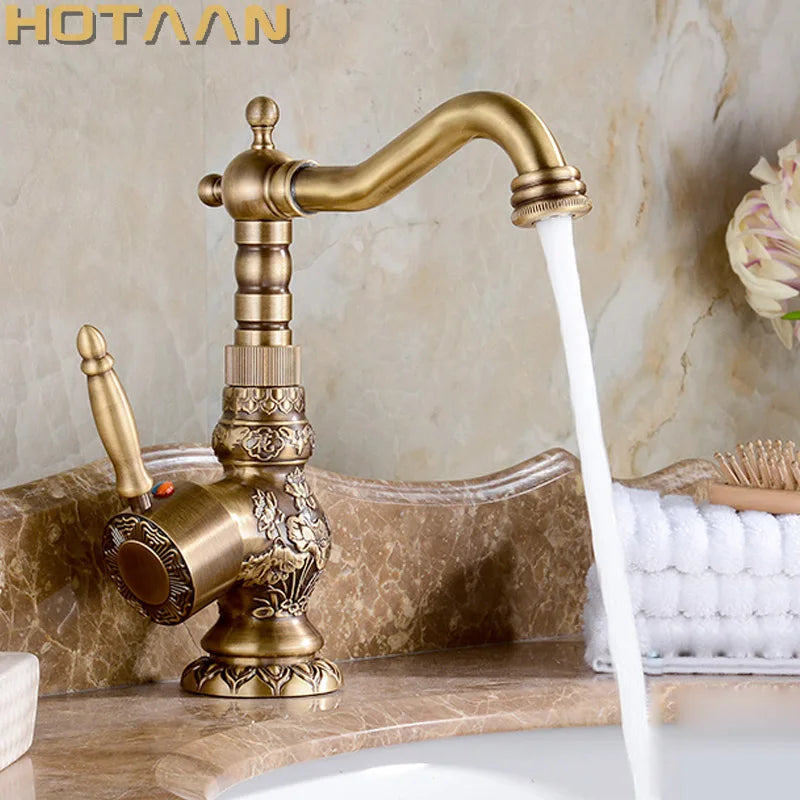 Luxury Antique Bronze Copper Carved Deck-Mounted Kitchen and Bathroom Faucet Mixer for Hot and Cold Water