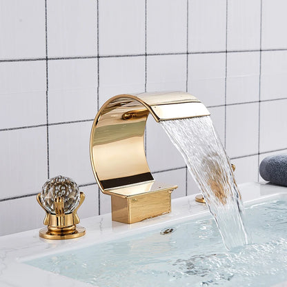 Set of 3 Golden Widespread Bathroom Basin Faucets with Crystal Handles - Hot and Cold Water Mixer Tap Waterfall Design