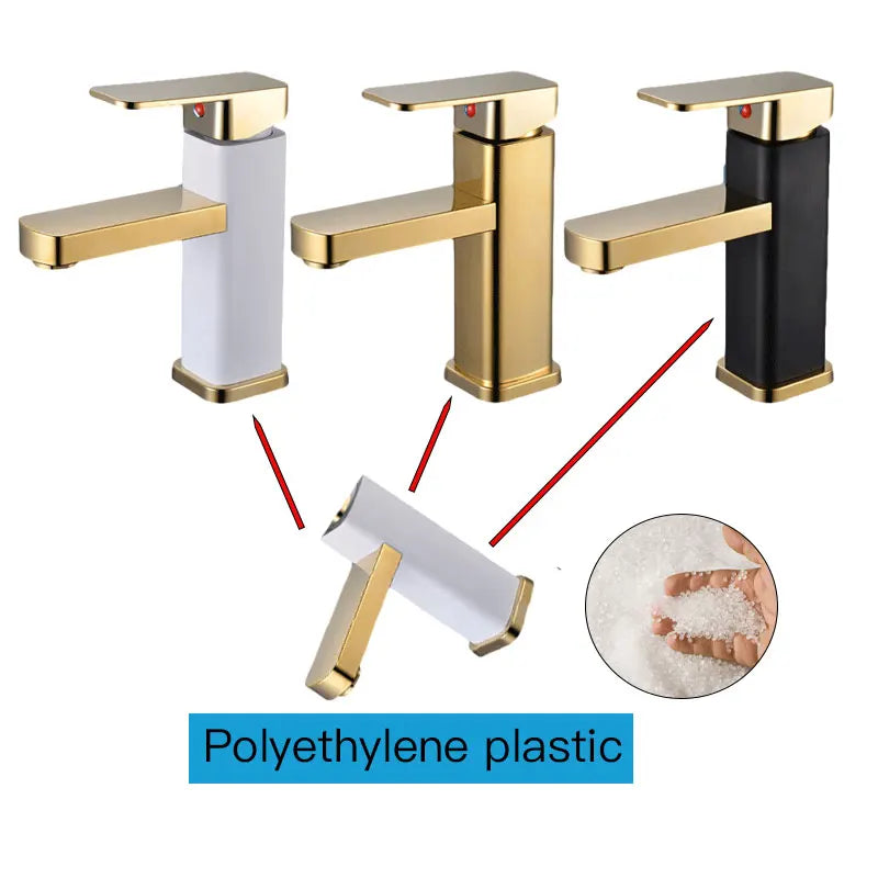 Stainless Steel Gold Bathroom Faucet with Metal Handle - Hot and Cold Mixer, Square Design