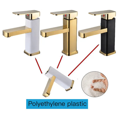 Stainless Steel Gold Bathroom Faucet with Metal Handle - Hot and Cold Mixer, Square Design