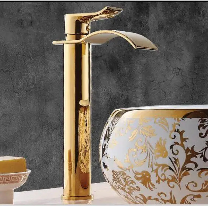 Gold and White Brass Basin Faucet with Waterfall Design - Hot and Cold Mixer Tap for Bathroom Sinks