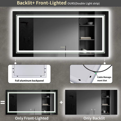 40" x 24" LED Bathroom Mirror with Front and Back Lighting, Stepless Dimming, Anti-Fog Feature, Shatter-Proof Design, and Memory Function