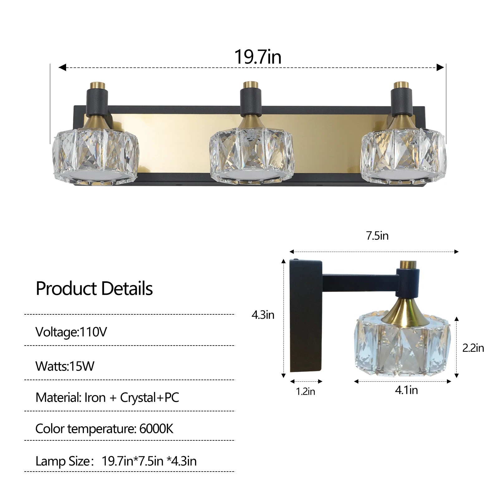 Modern Crystal LED 3-Light Vanity Wall Fixture for Bathroom Mirror Lighting
