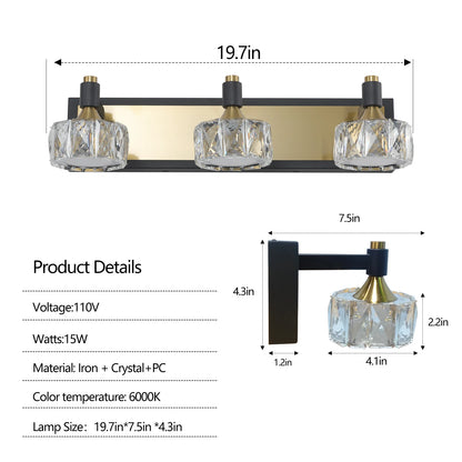Modern Crystal LED 3-Light Vanity Wall Fixture for Bathroom Mirror Lighting