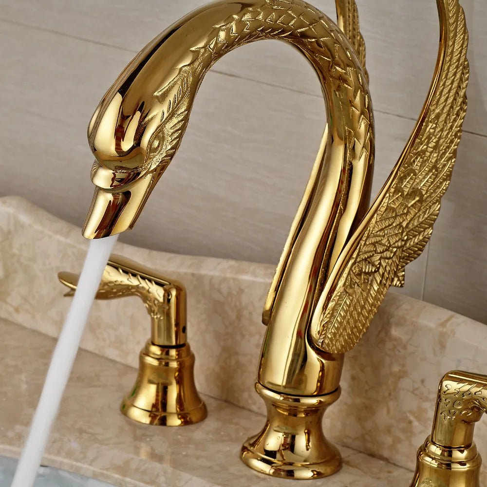 Solid Copper Gold Finish Luxury Bathroom Faucet - Swan Shape Dual Handle Deck Mount Tap