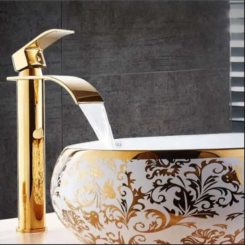 Gold and White Brass Basin Faucet with Waterfall Design - Hot and Cold Mixer Tap for Bathroom Sinks