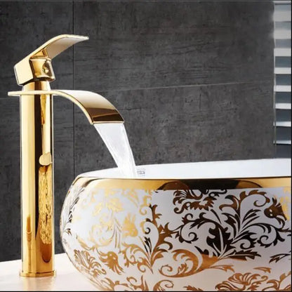 Gold and White Brass Basin Faucet with Waterfall Design - Hot and Cold Mixer Tap for Bathroom Sinks