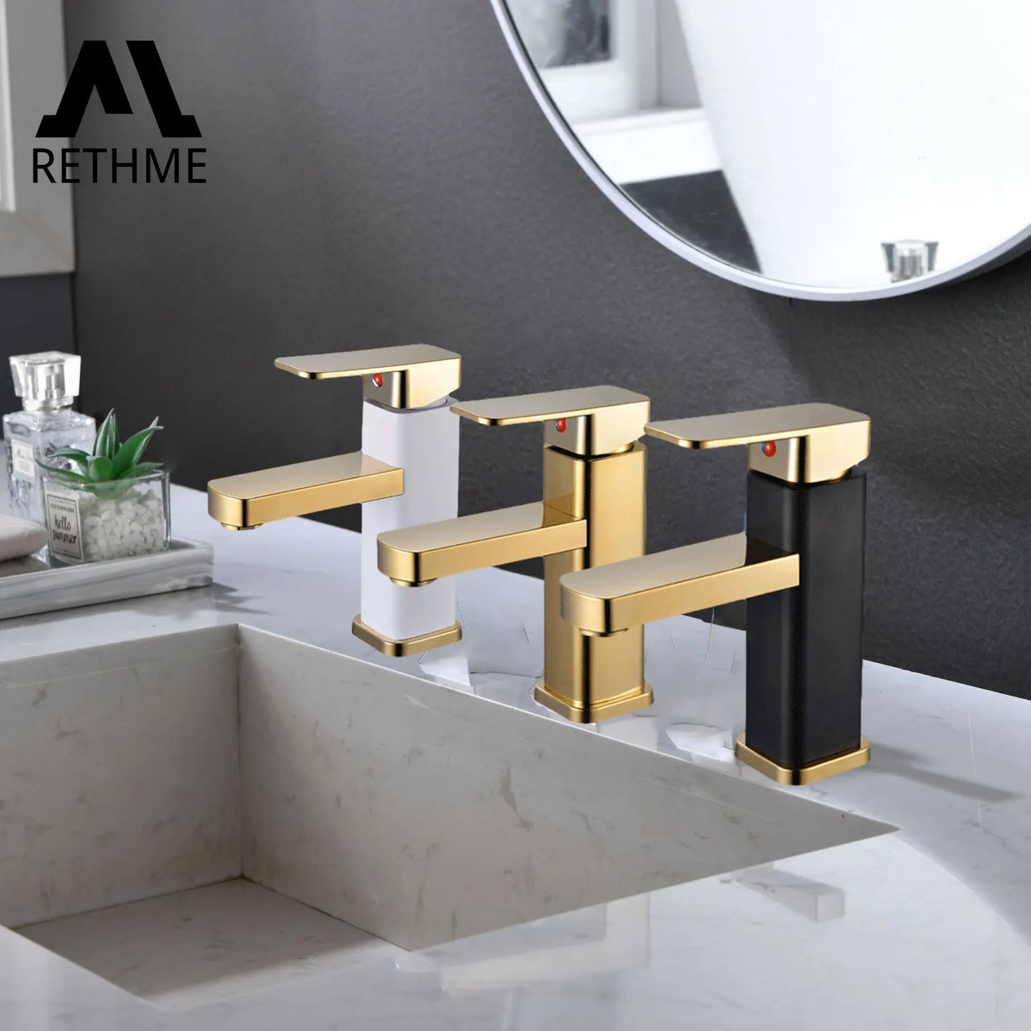 Stainless Steel Gold Bathroom Faucet with Metal Handle - Hot and Cold Mixer, Square Design