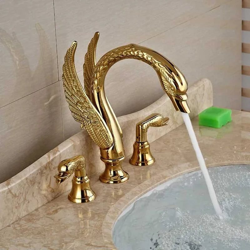Solid Copper Gold Finish Luxury Bathroom Faucet - Swan Shape Dual Handle Deck Mount Tap
