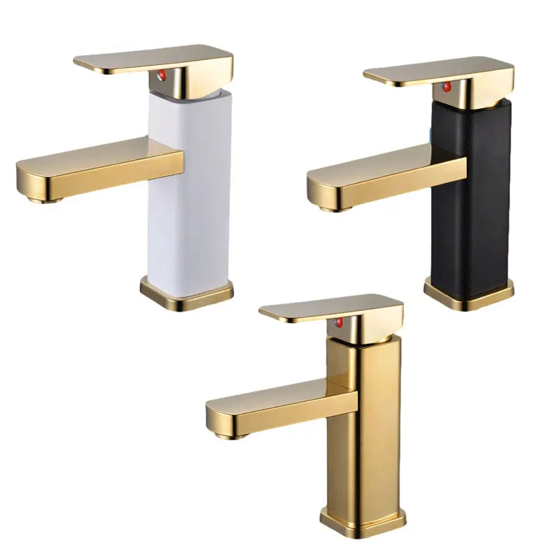 Stainless Steel Gold Bathroom Faucet with Metal Handle - Hot and Cold Mixer, Square Design