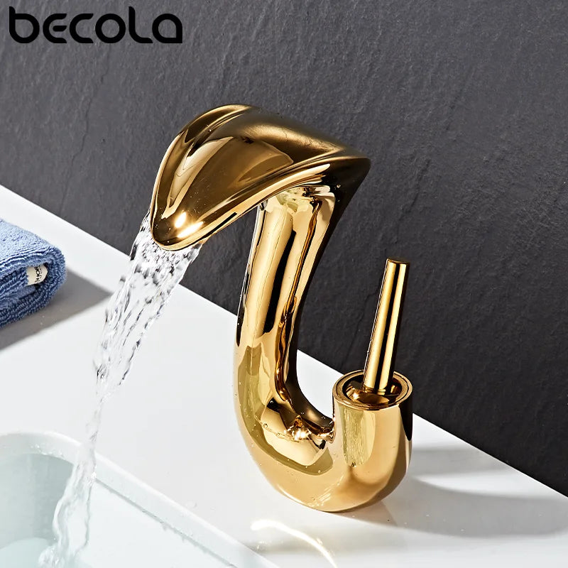 Gold Brass Deck Mounted Wash Basin Faucet with Hot and Cold Water Control for Bathroom Sinks