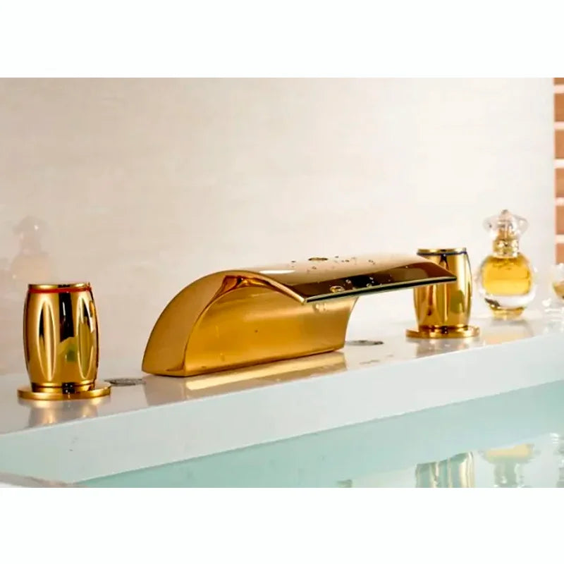 Set of 3 Golden Widespread Bathroom Basin Faucets with Crystal Handles - Hot and Cold Water Mixer Tap Waterfall Design