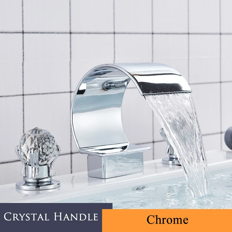Set of 3 Golden Widespread Bathroom Basin Faucets with Crystal Handles - Hot and Cold Water Mixer Tap Waterfall Design