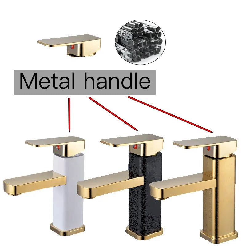 Stainless Steel Gold Bathroom Faucet with Metal Handle - Hot and Cold Mixer, Square Design