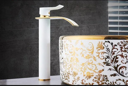 Gold and White Brass Basin Faucet with Waterfall Design - Hot and Cold Mixer Tap for Bathroom Sinks