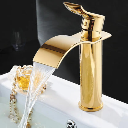 Gold and White Brass Basin Faucet with Waterfall Design - Hot and Cold Mixer Tap for Bathroom Sinks
