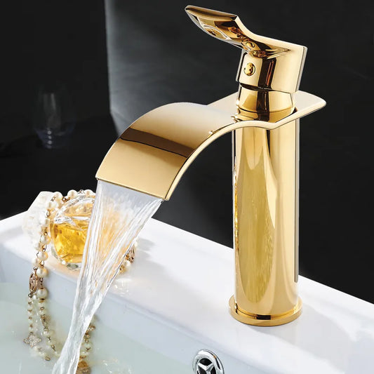Gold and White Brass Basin Faucet with Waterfall Design - Hot and Cold Mixer Tap for Bathroom Sinks