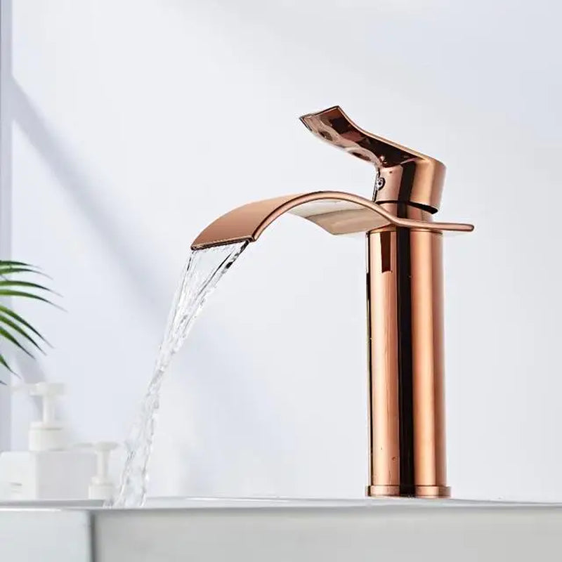 Gold and White Brass Basin Faucet with Waterfall Design - Hot and Cold Mixer Tap for Bathroom Sinks