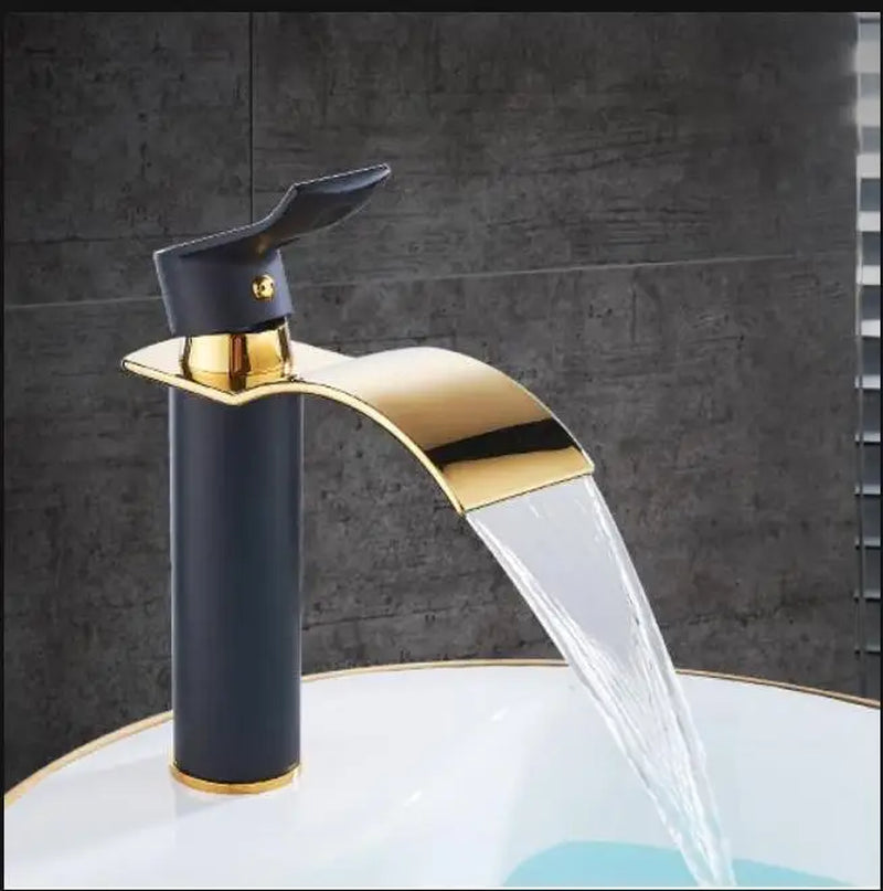 Gold and White Brass Basin Faucet with Waterfall Design - Hot and Cold Mixer Tap for Bathroom Sinks