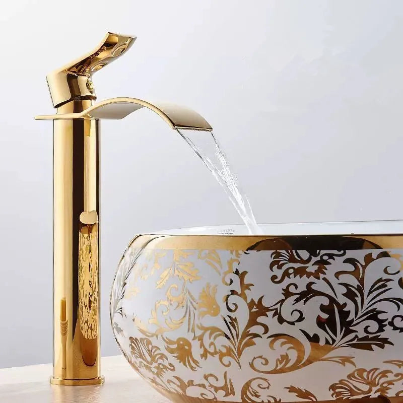 Gold and White Brass Basin Faucet with Waterfall Design - Hot and Cold Mixer Tap for Bathroom Sinks