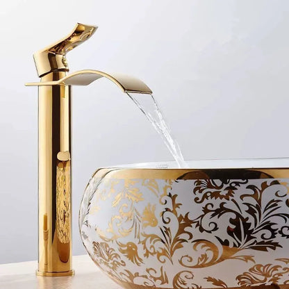 Gold and White Brass Basin Faucet with Waterfall Design - Hot and Cold Mixer Tap for Bathroom Sinks