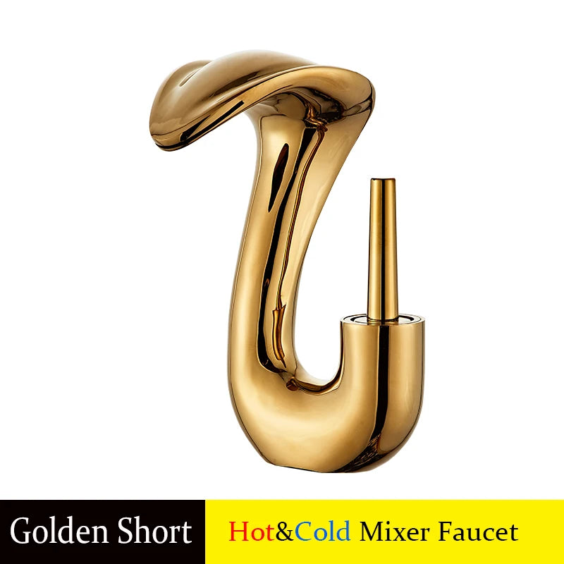 Gold Brass Deck Mounted Wash Basin Faucet with Hot and Cold Water Control for Bathroom Sinks