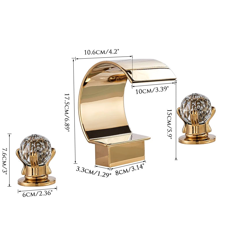 Set of 3 Golden Widespread Bathroom Basin Faucets with Crystal Handles - Hot and Cold Water Mixer Tap Waterfall Design