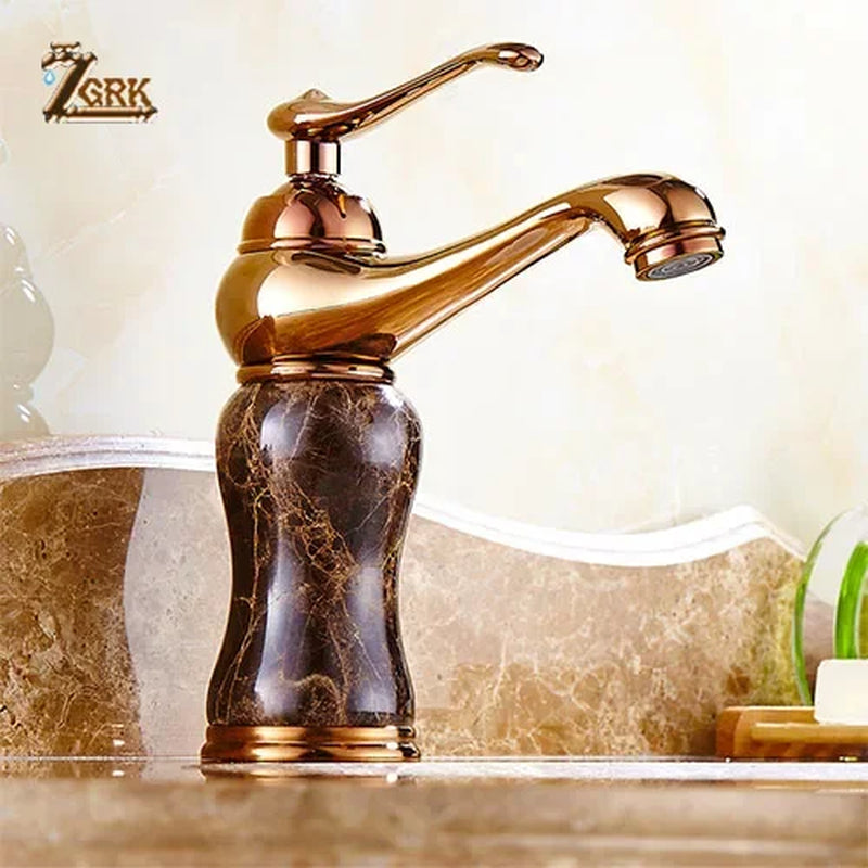 Luxury Gold Finish Bathroom Sink Faucet with Coffee Color Marble, Hot and Cold Water Mixer, Deck Mounted Design