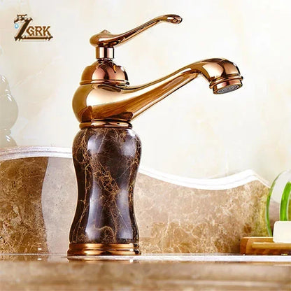 Luxury Gold Finish Bathroom Sink Faucet with Coffee Color Marble, Hot and Cold Water Mixer, Deck Mounted Design