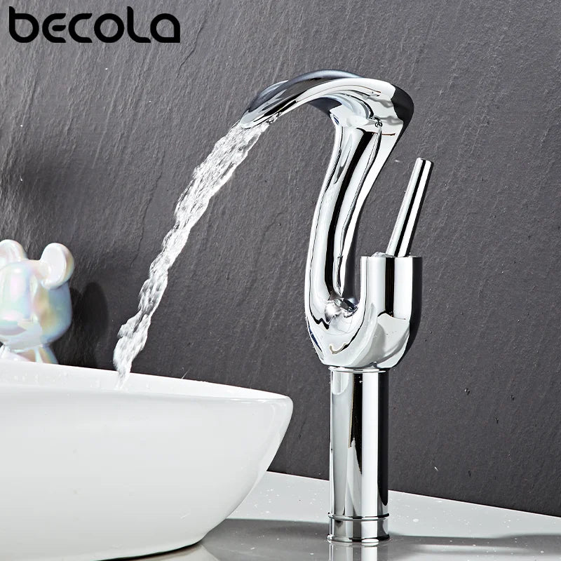 Gold Brass Deck Mounted Wash Basin Faucet with Hot and Cold Water Control for Bathroom Sinks