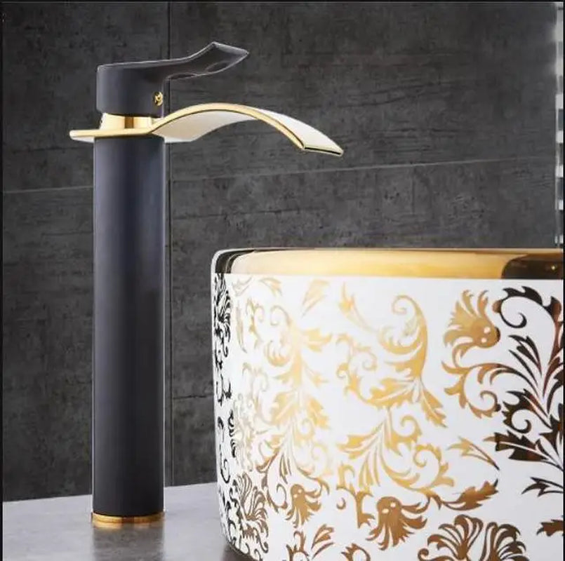Gold and White Brass Basin Faucet with Waterfall Design - Hot and Cold Mixer Tap for Bathroom Sinks