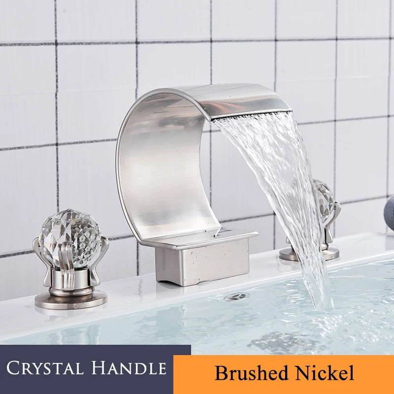 Set of 3 Golden Widespread Bathroom Basin Faucets with Crystal Handles - Hot and Cold Water Mixer Tap Waterfall Design