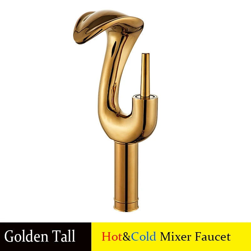 Gold Brass Deck Mounted Wash Basin Faucet with Hot and Cold Water Control for Bathroom Sinks