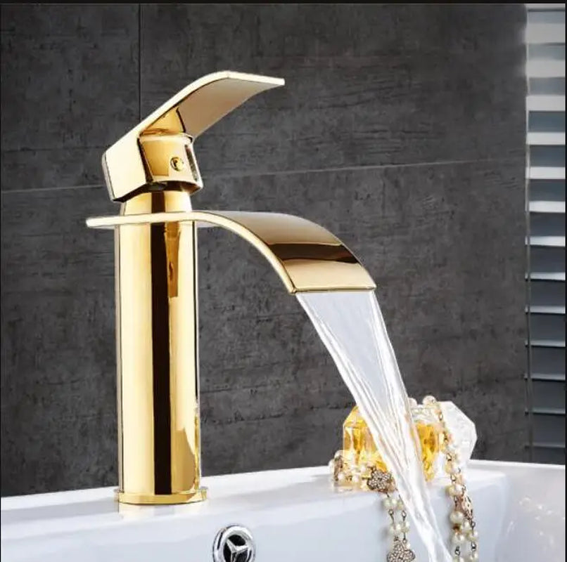 Gold and White Brass Basin Faucet with Waterfall Design - Hot and Cold Mixer Tap for Bathroom Sinks