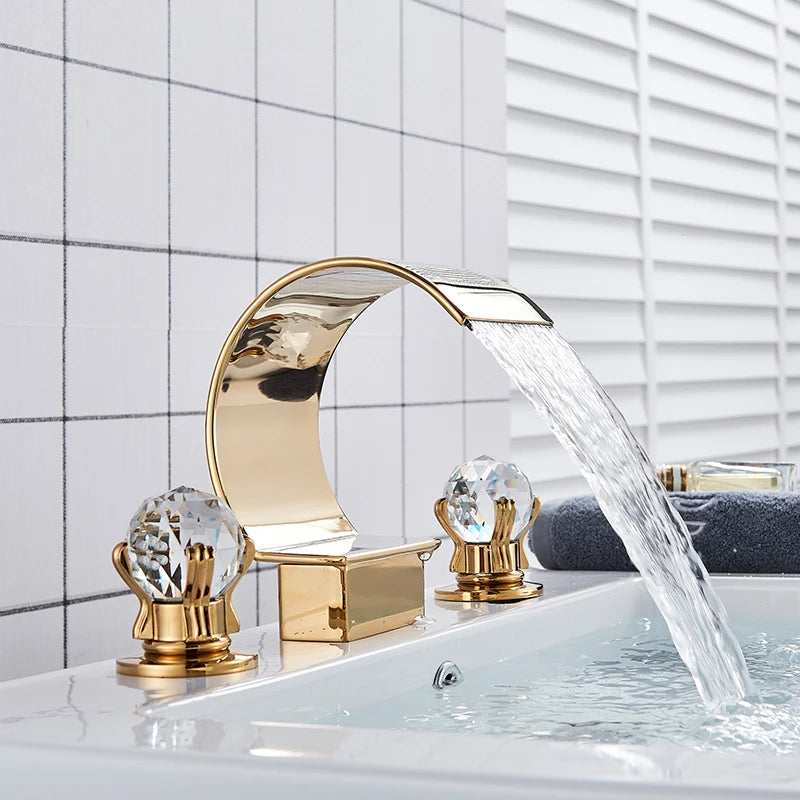 Set of 3 Golden Widespread Bathroom Basin Faucets with Crystal Handles - Hot and Cold Water Mixer Tap Waterfall Design
