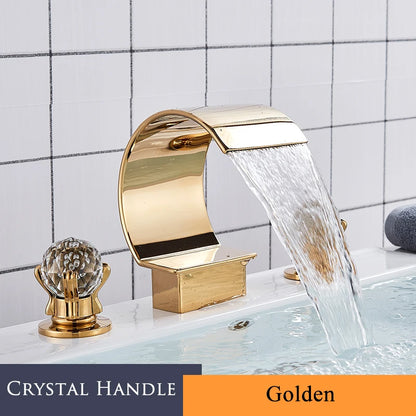 Set of 3 Golden Widespread Bathroom Basin Faucets with Crystal Handles - Hot and Cold Water Mixer Tap Waterfall Design