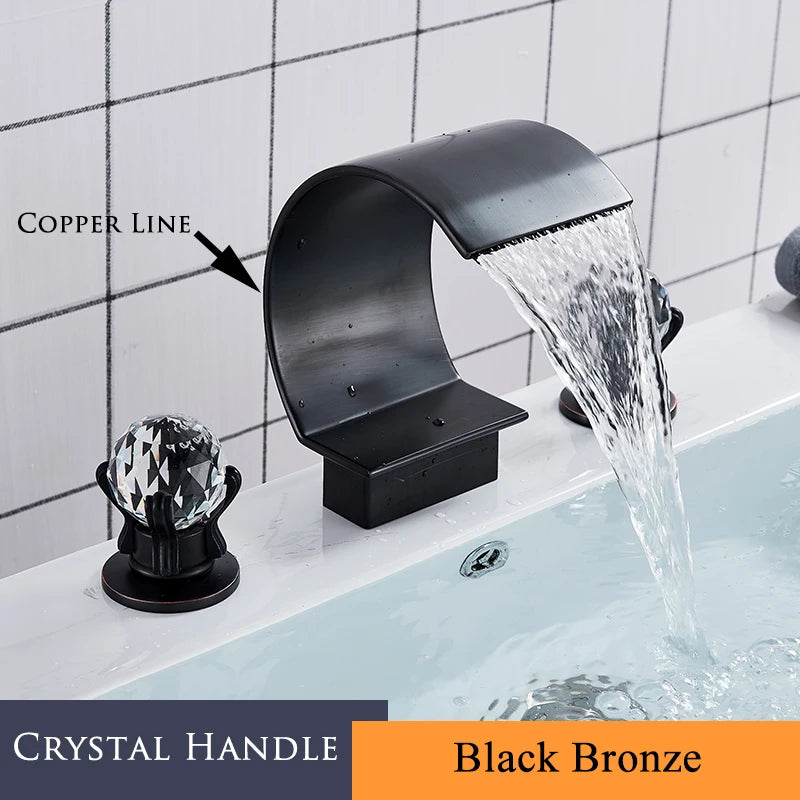 Set of 3 Golden Widespread Bathroom Basin Faucets with Crystal Handles - Hot and Cold Water Mixer Tap Waterfall Design