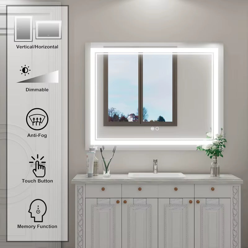 Frameless LED Lighted Bathroom Mirror - 36 x 28 Inch Wall-Mounted Design