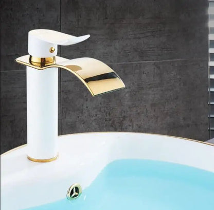 Gold and White Brass Basin Faucet with Waterfall Design - Hot and Cold Mixer Tap for Bathroom Sinks